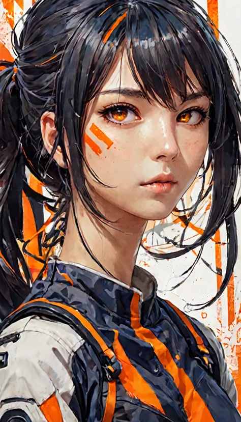 {anime character with medium-length dark hair, accented with bright orange stripes, gathered in a ponytail:0.9}, {she has sharp,...