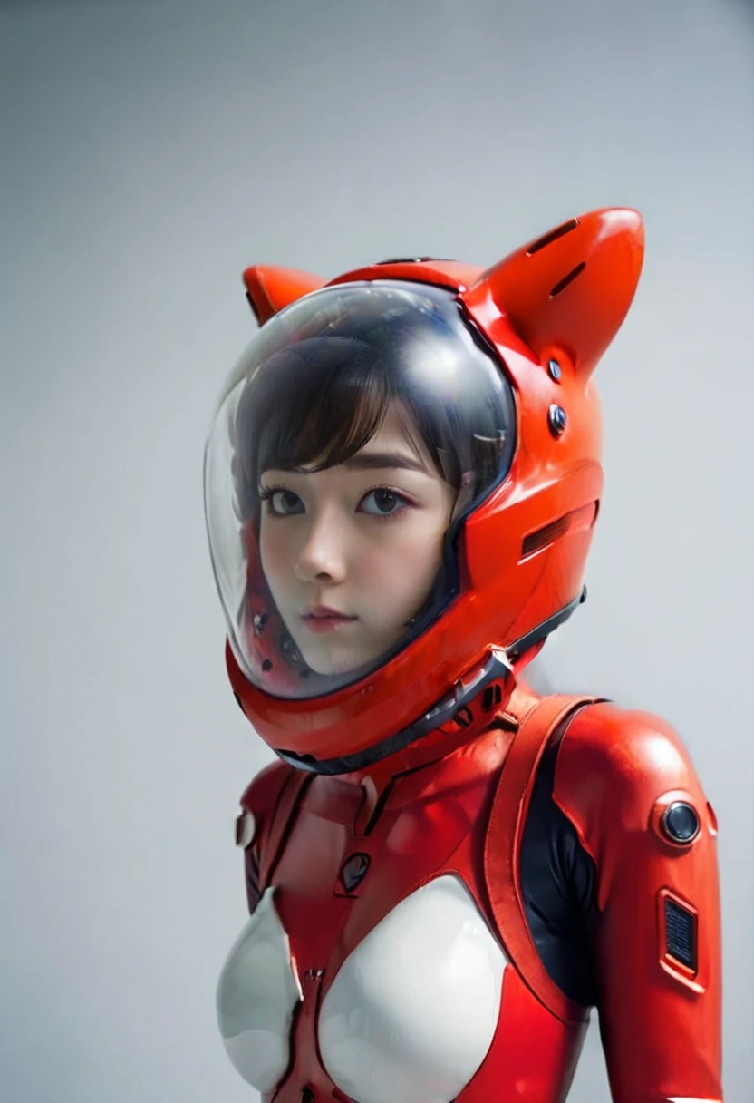 (8k, RAW photo, best quality, masterpiece), (photorealistic), outstanding details, ultra-high resolution, anatomically correct, textured skin, (Extremely precise and accurate anatomy), (wide lens effect), (Cute girl, eva helm,plugsuit, red  bodysuit, bubble helmet, underwater, spacesuit, full body,(Cute Japanese girl , 20-year-old), red helmet,red helmet, space helme, (cat ears:1.5), red helmet, pov