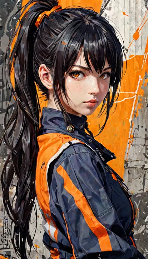 {anime character with medium-length dark hair, accented with bright orange stripes, gathered in a ponytail:0.9}, {she has sharp,...