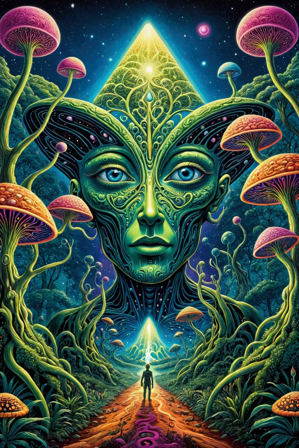 a poster of a psychedelic psychedelic psychedelic psychedelic, extraterrestrial paradise, psychedelic artwork, arte trippy, viag...