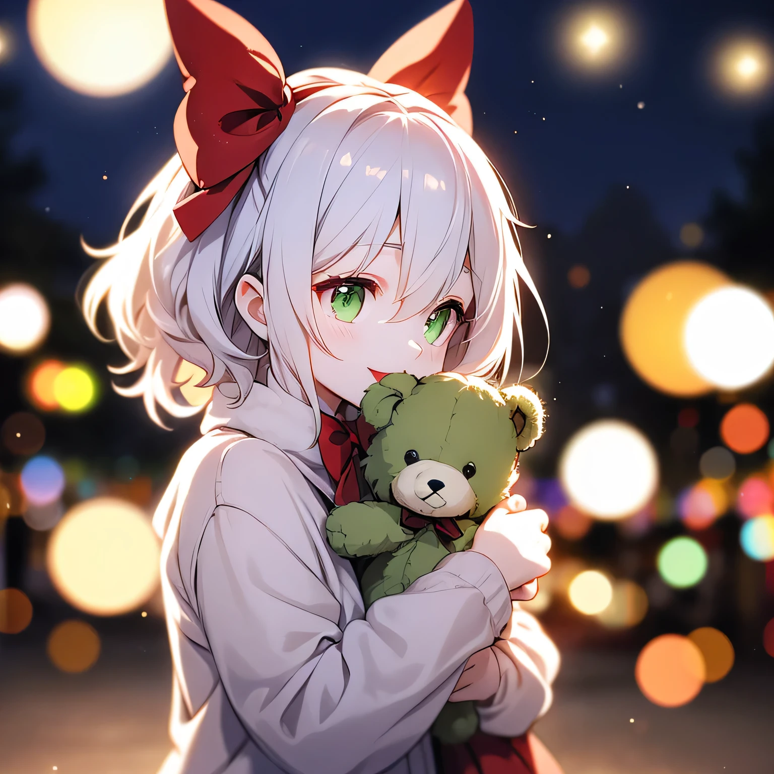 Walking with a teddy bear,(Very delicate and beautiful: 1.2), One girl, bangs, Green Eyes, Blurry, Blurry background, bow, Silver Hair, shut up, Side view, Hair between the eyes, hair bow, lanthanum, Particles of light, Long sleeve, Watch the audience, short hair, night, red bow, alone, performer(symbol), Upper Body, smile, Red lips,