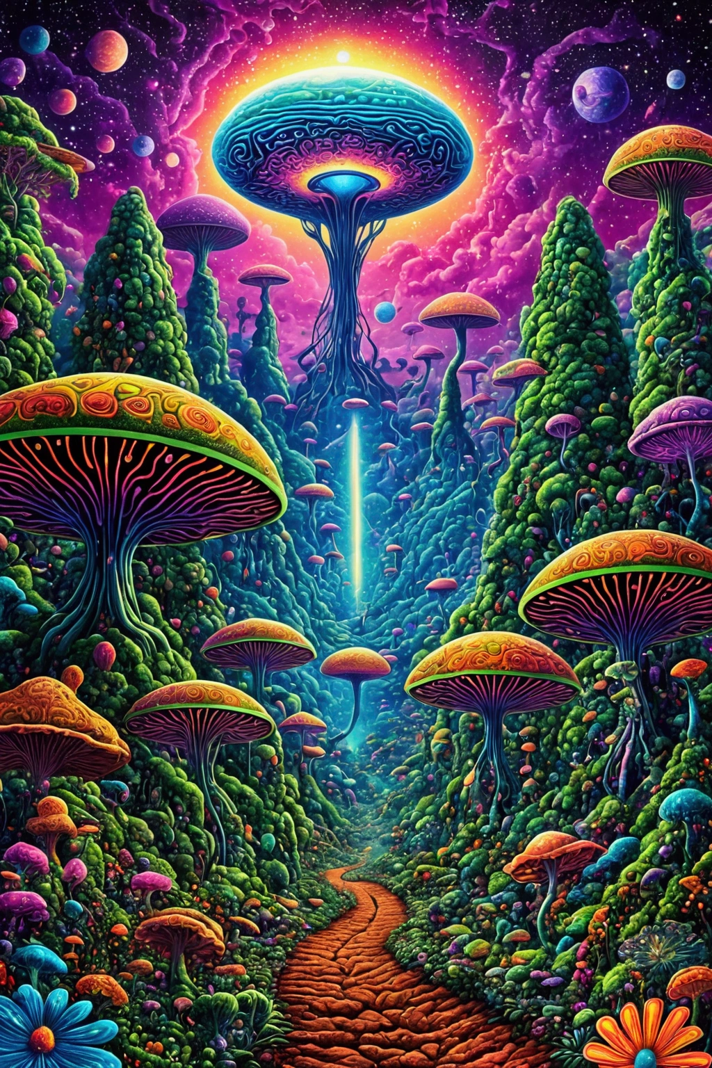 A poster of a psychedelic psychedelic psychedelic psychedelic, extraterrestrial paradise, psychedelic artwork, Arte Trippy, Viagem DMT, psychedelic artwork, psychedelic acid trip, alien forest in background, on a lush fertile alien planet, psychedelic trip, Surreal alien realm, Futuristic psychedelic hippie, while tripping on dmt