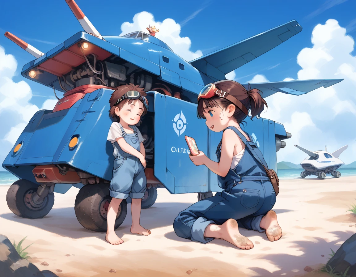 (superflat, flat shading, flat colors), 2girls, , child, skimpy blue overalls, bottom, from behind, goggles, dirt on skin, bare feet, repairing a mecha robot, in a hangar, best shadows, vibrant colors, watercolor, ghibli style