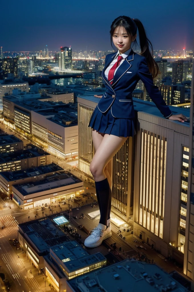 (Super Best masterpiece giant Art), (16K, Highest quality, Ultra-high resolution), (Japanese High School Girl, Satomi), (Height 2,000m), (Blue Uniform, Japanese style blazer, short black mini skirt, Red tie, White socks, Navy blue leather shoes), (Very beautiful and detailed girl, Accurate body structure, Accurate body movements, Very detailed body), (Big Breasts, J-Cup), (Giantと対比して, A very very small big city, Trying to destroy a miniature metropolis, Full body description, Invincible smile, Giga Giants, Giant, Crush City, Small Town, Micro City), (AM10:00), Approaching 1,000mGiantに絶望, Powerful depiction of the enormous size