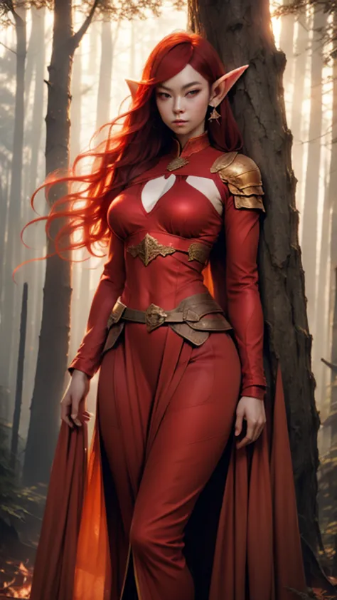 1girl, solo, fire elf,pointed ear, best quality, expressive eyes, perfect face, red haired like fire waves like flame, perfect b...