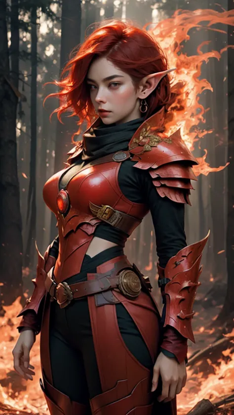 1girl, solo, fire elf,pointed ear, best quality, expressive eyes, perfect face, red haired like fire waves like flame, perfect b...