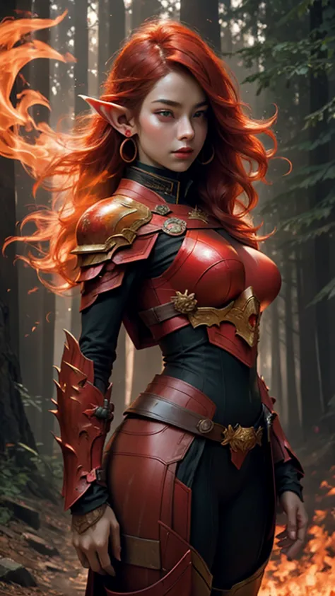 1girl, solo, fire elf,pointed ear, best quality, expressive eyes, perfect face, red haired like fire waves like flame, perfect b...