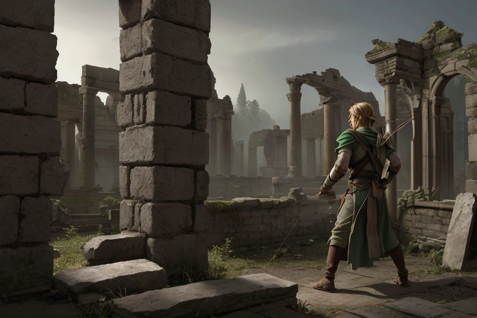 "Link stands in the center of the ancient ruins, his upper body in sharp focus. His expression is focused and determined as he draws back the string of his bow, ready to fire. The bow, simple yet powerful, glints faintly in the dim light of the ruins. His tunic rustles slightly as he moves, and his gloved hand grips the arrow with precision. The background shows the ruins blurred but still visible, with crumbling stone walls and faint shafts of light filtering through cracks, casting an eerie, yet heroic, atmosphere around him."