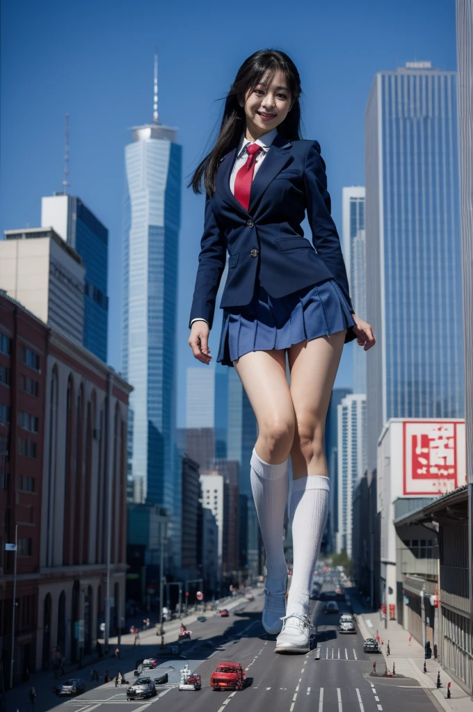 (Super Best masterpiece giant Art), (16K, Highest quality, Ultra-high resolution, real scale), (Japanese High School Girl, Satomi), (Height 2,000m), (Blue Uniform, Japanese style blazer, short black mini skirt, Red tie, White socks, Navy blue leather shoes), (Very beautiful and detailed girl, Accurate body structure, Accurate body movements, Very detailed body), (Big Breasts, J-Cup), (Giantと対比して, A very very small big city, Trying to destroy a miniature metropolis, Full body description, Invincible smile, Giga Giants, Giant, Crush City, Small Town, Micro City), (AM10:00), Approaching 2,000mGiantに絶望感, 圧倒的なGiantのド迫力描写