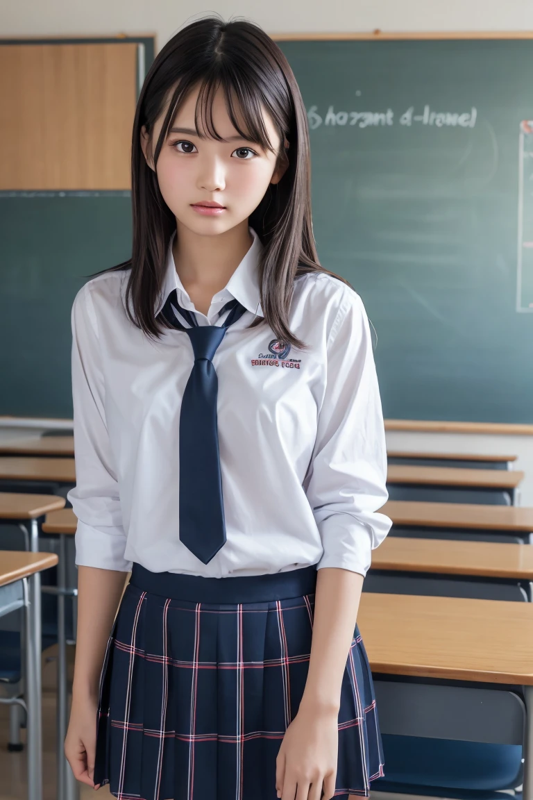 Highest quality,Ultra-high resolution,high school girl,1 person,whole body,Black Hair, Cool look,Looking into the camera,Beautiful Skin,High School Uniform, tie,Small breasts,Checked skirt,Classroom after school,Standing pose

