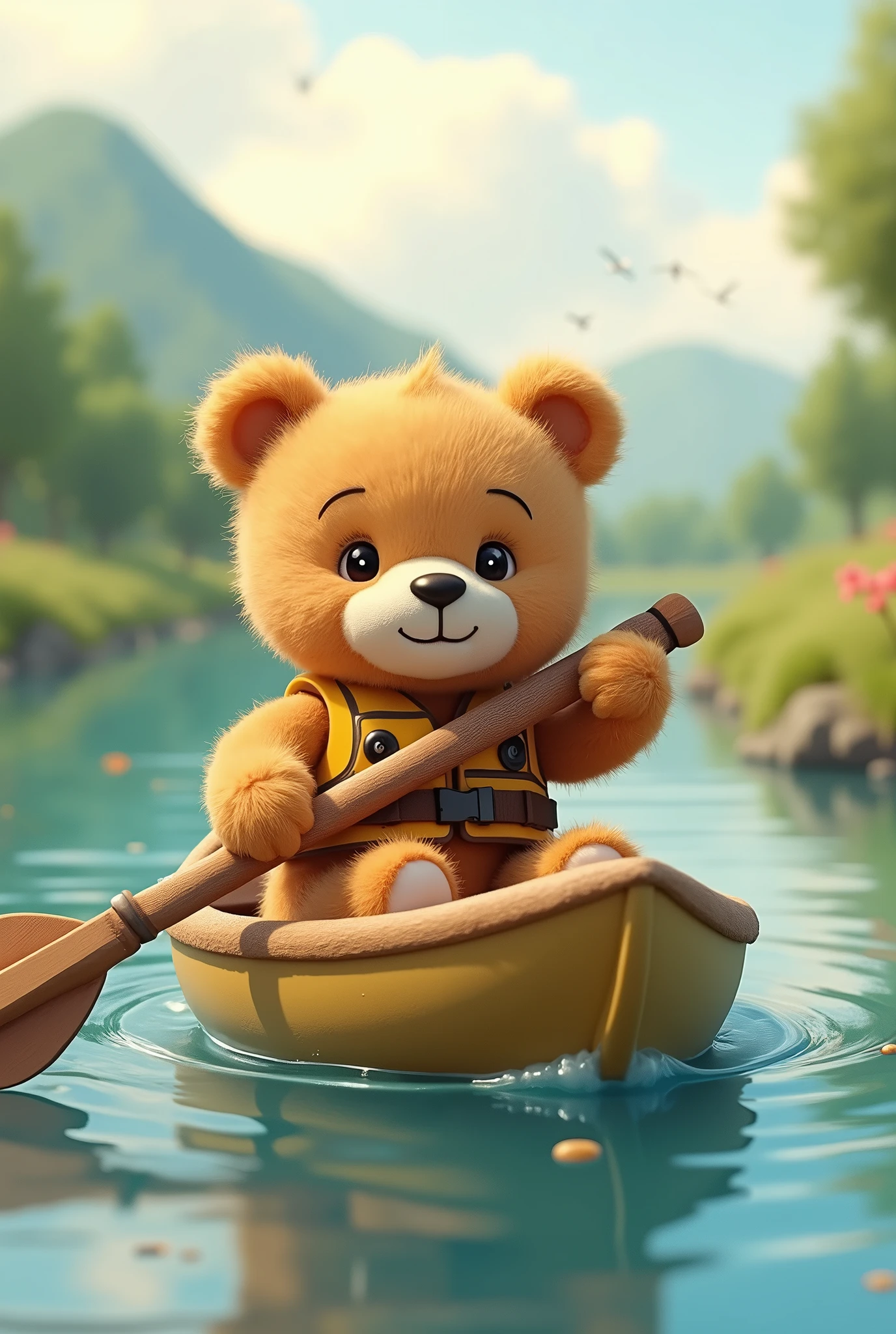 Teddy bear on a rowing adventure、Teddy bear、cute、high resolution、Highest quality、Fantasy World、Explorer Outfit、Explorer's Hat