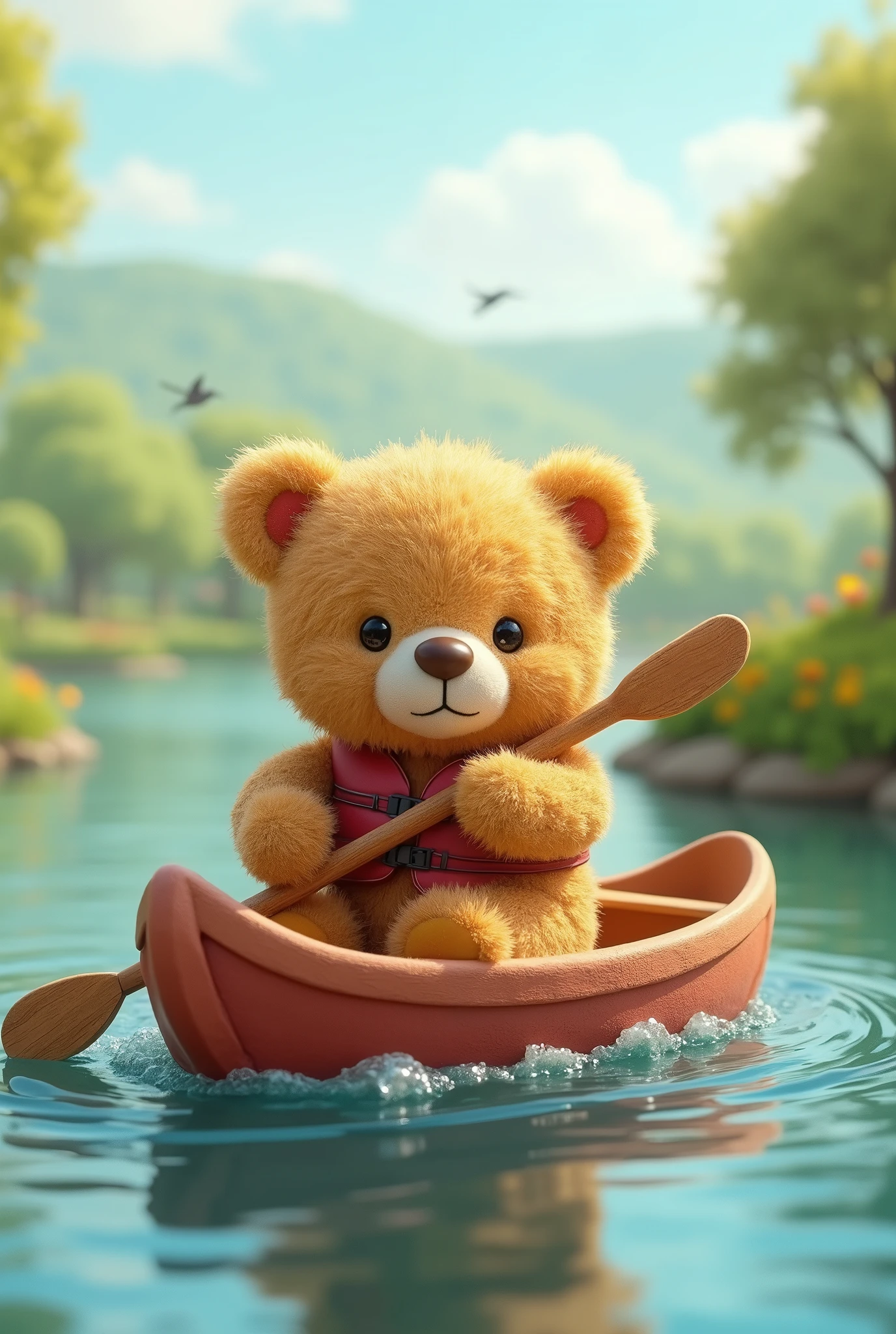 Teddy bear on a rowing adventure、Teddy bear、cute、high resolution、Highest quality、Fantasy World、Explorer Outfit、Explorer's Hat