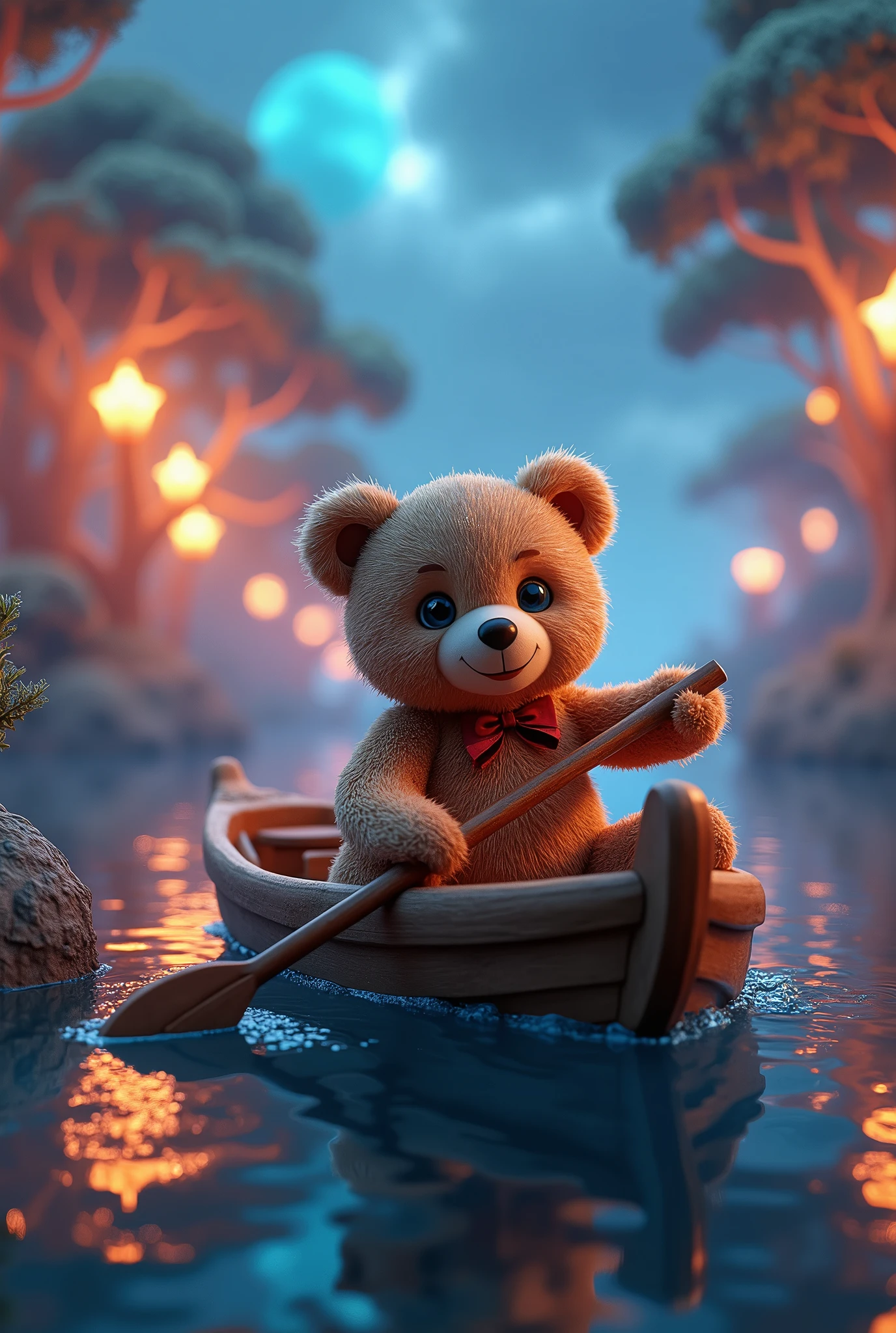 Teddy bear on a rowing adventure、Teddy bear、cute、high resolution、Highest quality、Fantasy World、Explorer Outfit、Explorer's Hat