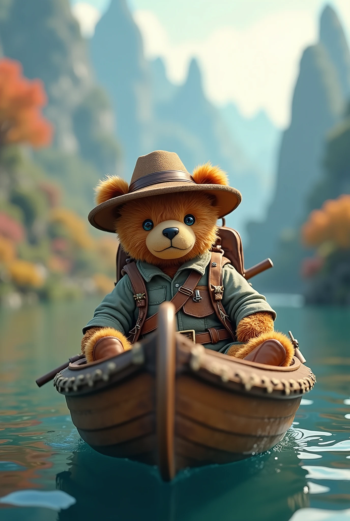 Teddy bear on a rowing adventure、Teddy bear、cute、high resolution、Highest quality、Fantasy World、Explorer Outfit、Explorer's Hat