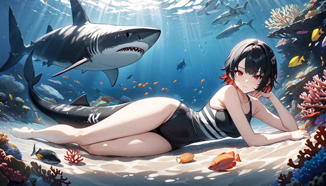 Full body view，masterpiece，high resolution，Anime Art，Anime Numbers， 4k anime wallpaper，Soft Light，Radiant Skin，Looking at the camera，An anime girl，Lying down，Black short hair，Striped hair，a mole under red eyes，nude，thigh，Black shark tail， getting fucked, on bed