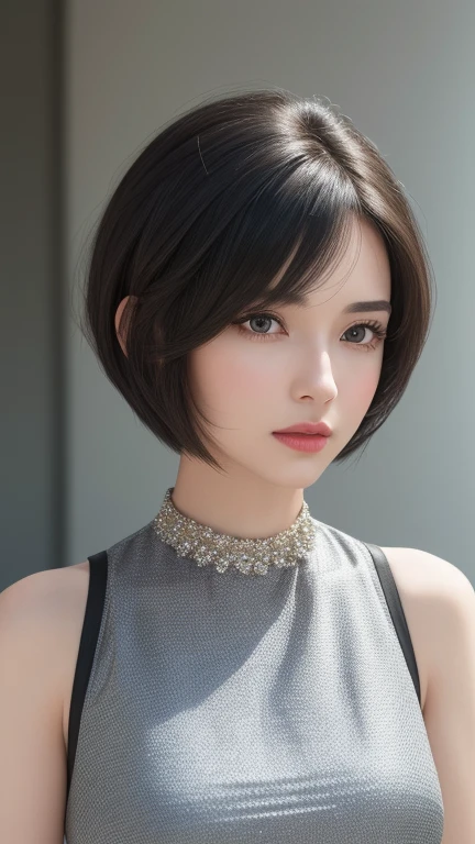 (In 8K, Highest quality, masterpiece:1.2), (Realistic, Realistic:1.37),(((Real People)))),（（She is look forward to and looking at me））,Very detailed,The background is all gray walls ,1 person, 4 women, Black Hair, ((Her hairstyle is a super short bombshell haircut.))）, (Look up at the viewer from below),look forward to , She's tired（He has a scary face glaring angrily at the viewer.）,The woman is in a squatting position with her legs spread apart. ,Well-proportioned and beautiful figure,The beauty of trained muscles,Abdominal muscles,She has her hands behind her head and is showing off her sexy muscles.,Show off your muscular body、(Lingerie that was two sizes too small for her.),（大前提として下着はNo fabricのSee through,Reveal lingerie）,ＳＳNavy blue See through small cup See through sexy bra,Panties are 3 sizes smaller than body size ＳＳSize Wear Contents：朱色のTバックNo fabric紐,Front part（No fabric）nylon, See through, And digs into the man&#39;s muscles.((A See through cameltoe showing the swollen pubic area and pubic hair(0.1)))Ultra-thin nylon, See through, Super High Cut, sharpＶ,On a black background、Sexy stockings with a dark blue four-strap garter belt,The genitals are swollen,