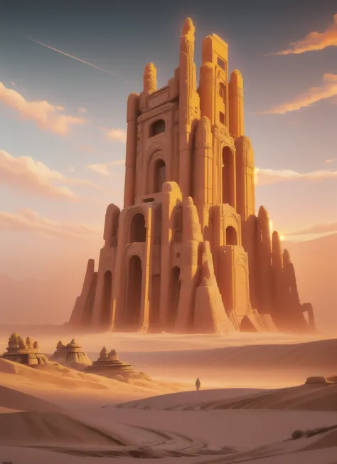 a sci-fi scene, draw of a place, ancient ruins of a majestic temple inspired in turkey, surounded by dunes in a desert at sunset...