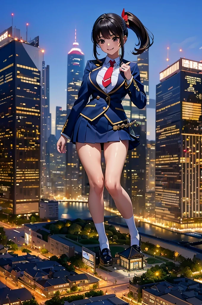 (Super Best masterpiece giant Art), (16K, Highest quality, Ultra-high resolution, real scale), (Japanese High School Girl, Satomi), (Very accurate height, Height 500m), (Blue Uniform, Japanese style blazer, short black mini skirt, Red tie, White socks, Navy blue leather shoes), (Very beautiful and detailed girl, Accurate body structure, Accurate body movements, Very detailed body), (Big Breasts, J-Cup), (Giantと対比して, A very, very micro metropolis, Trying to destroy a miniature metropolis, Full body description, Invincible smile, Giga Giants, Giant, Crush City, Small Town, Micro City), (AM10:00), 近づく500mGiantに絶望感, 圧倒的なGiantのド迫力, Clear perspective depiction