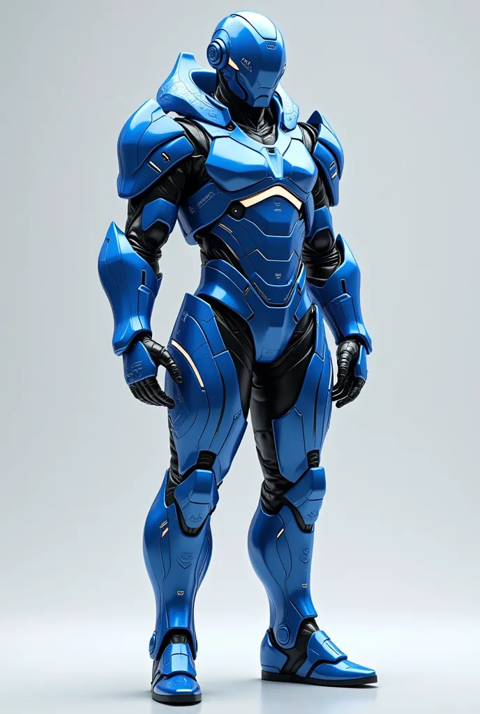 Ok i would like to create an metallic armor who look futuristic and stylish ,which is in blue and white combination and have many amazing futuristic or unreal features . It should be in fitting of a 20 year old boy of heigh 6 feet
