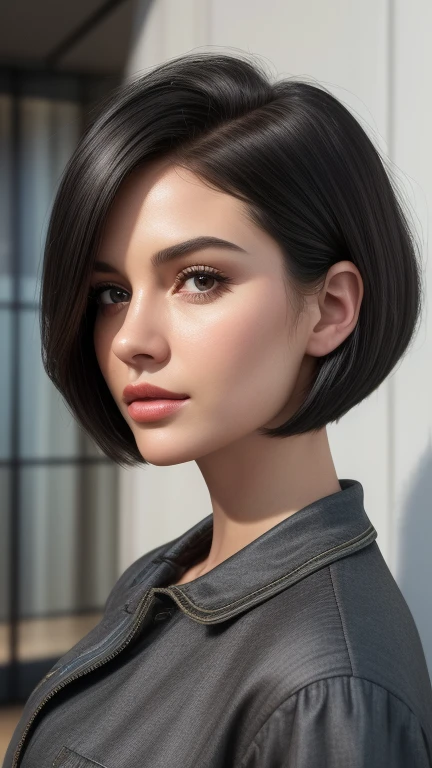 (In 8K, Highest quality, masterpiece:1.2), (Realistic, Realistic:1.37),(((Real People)))),（（She is look forward to and looking at me））,Very detailed,The background is all gray walls ,1 person, 4 women, Black Hair, ((Her hairstyle is a super short bombshell haircut.))）, (Look up at the viewer from below),look forward to , She's tired（Smiling kindly at the audience）,The woman is in a squatting position with her legs spread apart. ,Well-proportioned and beautiful figure,The beauty of trained muscles,Abdominal muscles,She has her hands behind her head and is showing off her sexy muscles.,Show off your muscular body、(Lingerie that was two sizes too small for her.),（大前提として下着はNo fabricのSee through,Reveal lingerie）,ＳＳNavy blue See through small cup See through sexy bra,Panties are 3 sizes smaller than body size ＳＳSize Wear Contents：朱色のTバックNo fabric紐,Front part（No fabric）nylon, See through, And digs into the man&#39;s muscles.((A See through cameltoe showing the swollen pubic area and pubic hair))Ultra-thin nylon, See through, Super High Cut, sharpＶ,On a black background、Sexy stockings with a dark blue four-strap garter belt,The genitals are swollen,