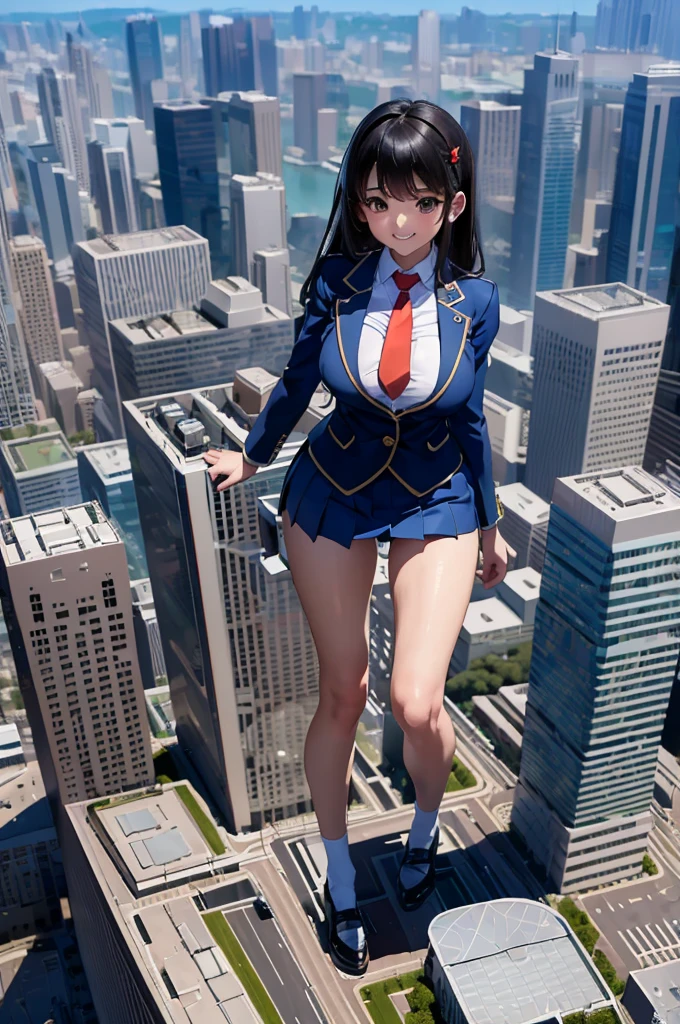 (Super Best masterpiece giant Art), (16K, Highest quality, Ultra-high resolution, real scale), (Japanese High School Girl, Satomi), (Very accurate height, Giant Height 1,000m), (Blue Uniform, Japanese style blazer, short black mini skirt, Red tie, White socks, Navy blue leather shoes), (Very beautiful and detailed girl, Accurate body structure, Accurate body movements, Very detailed body), (Big Breasts, J-Cup), (In comparison with the giants, A very, very micro metropolis, Trying to destroy a miniature metropolis, Full body description, Invincible smile, Super Giga Giants, Crush City, Small Town, Micro City), (AM10:00), Approaching 1,000m Giants Feeling Despair, The overwhelming power of the giant, Clear perspective depiction