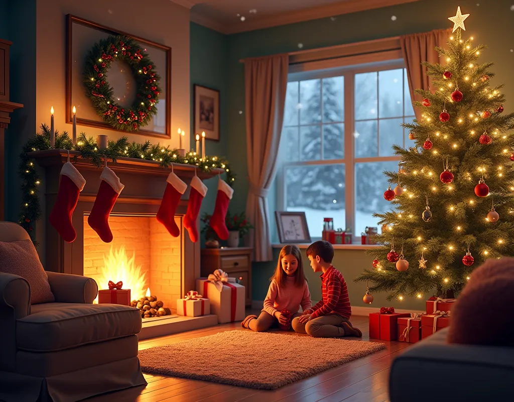 A cozy living room with a decorated Christmas tree, glowing fireplace, and wrapped presents. Snow falling outside the window.