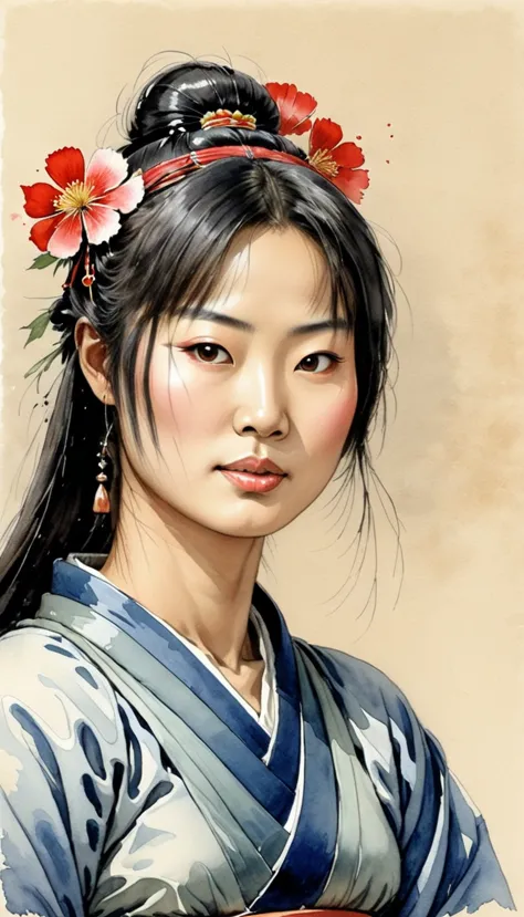 watercolor sketch of an japanese warrior woman, illustration by jean-pierre gibrat ,kodew