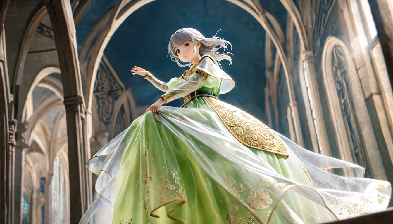 girl, Gold and silver embroidery, Light green translucent medieval long dress（With panniers）, Translucent fabric, Pull up the dress by hand, Strong winds, Translucent slip, Translucent tights, Peeking from below, Highest quality, Disorder of clothing, sit