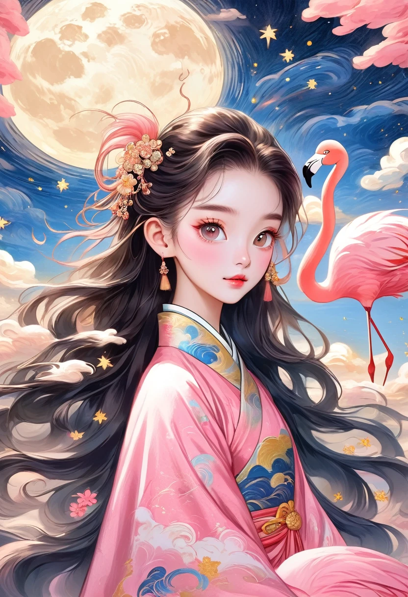 Hand-drawn style：粗糙的texture，1 girl，Bright Eyes，Pretty Face，Long fluffy haine hair，Hanfu，Human anatomy is correct。cloud，Star，moon，flamingo，Beautiful details，texture，Pink and Gold，Immerse yourself in the art of Van Gogh