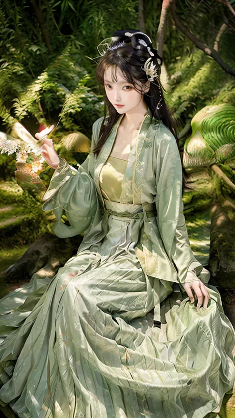 lush bamboo forest，calm down，beauty，oriental woman，phoenix eyes，hair accessories，long hair shawl,big breasts，wearing green ancie...