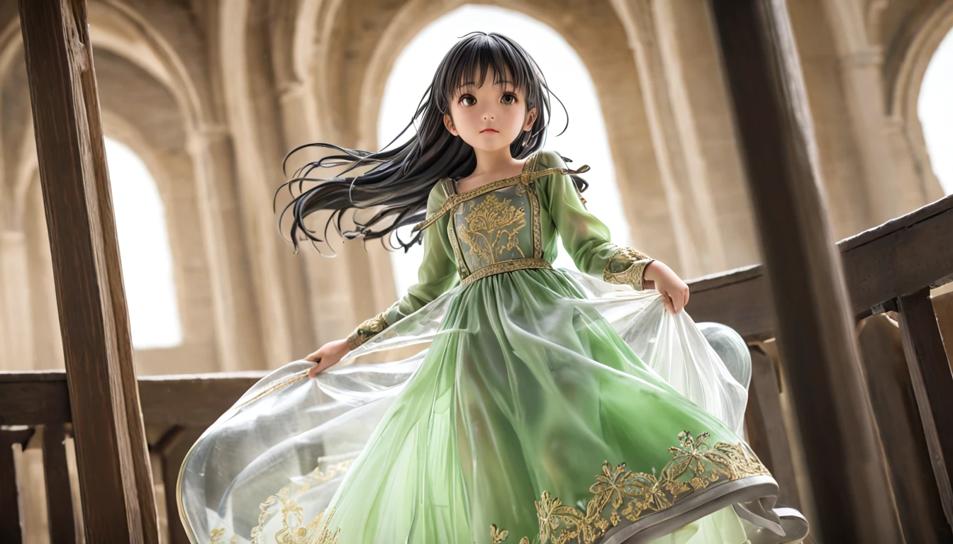 girl, Gold and silver embroidery, Light green translucent medieval long dress（With panniers）, Translucent fabric, Pull up the dress by hand, Strong winds, Translucent slip, Translucent tights, Peeking from below, Highest quality, Disorder of clothing, sit