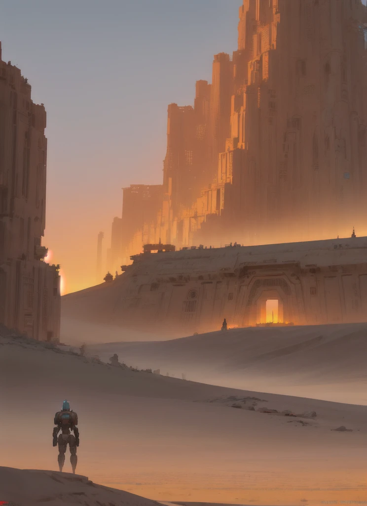 a sci-fi scene, draw of a place, giant temple inspired in india, surounded by dunes in a desert at sunset, post-apocalyptic vibes, futuristic glow, cyberpunk style