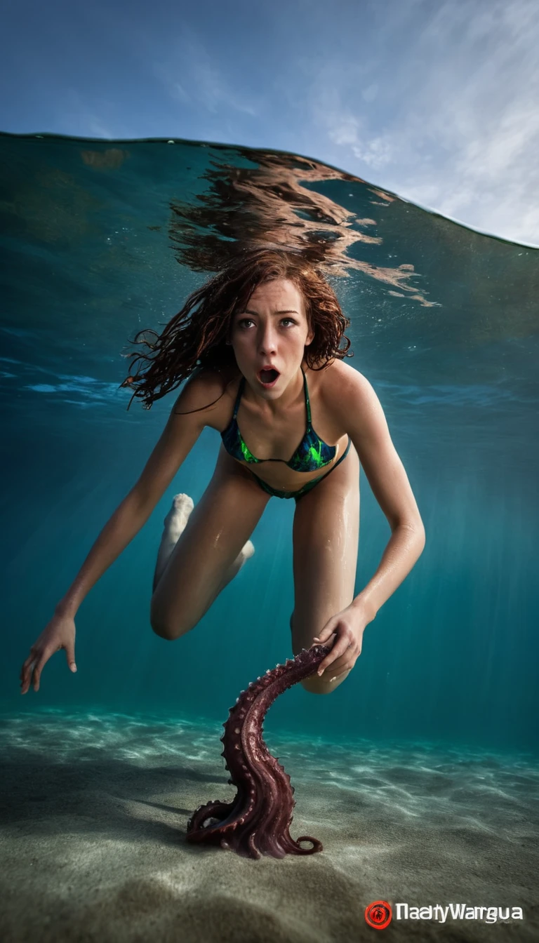 a bikini clad swimmer on the surface of the sea, mighty cthulu reaching up from below, damsel in distress, lurking horror, extremely detailed, cinematic lighting, moody atmosphere, dramatic angle, photorealistic, hyperrealistic, vibrant colors, realistic ocean waves, tentacles emerging from the depths, realistic water reflection, dramatic shadows, cinematic composition, awe-inspiring scale, photorealistic rendering, masterpiece
