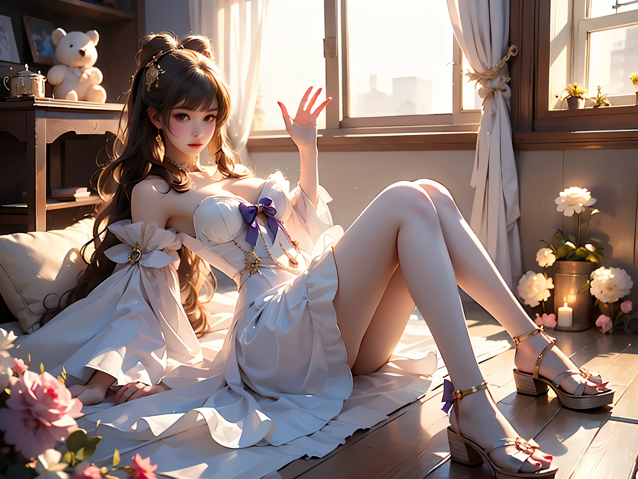 sangonomiya kokomi,hair ornament,white pantyhose,white half gloves,frilled sleeves,bow-shaped hair,bow,detached collar,sandals,white panties,1girl,独奏,widesleeves,longhair,purple eyes, , (masterpiece, best quality:1.2), 1 Girl, Solitary, Ultra-realistic, Reality, ((Anatomically correct legs)), (Perfect leg proportions:1.3), (Real and accurate leg shape:1.2), Smooth skin, Visible knee and ankle joints, No leg twisting, Support your body on your elbows, Lean your upper body back slightly, (Golden ratio figure), Messy hair, Elegant and delicate makeup, Visible flushing, Shy and dignified expression, Visible cleavage, One hand to adjust the skirt, Very detailed, hyper detailed textures, Focus on anatomy and proportion, Natural lighting and shadows, ((Natural reclining posture, Anatomically correct, Detailed facial features, Soft lighting, high resolution, 8K, Clear focus, Professional photography)), Glass texture, Light transmittance, Spectrum Light, 渐变半Clear glass熔体, Corrosive, Clear glass