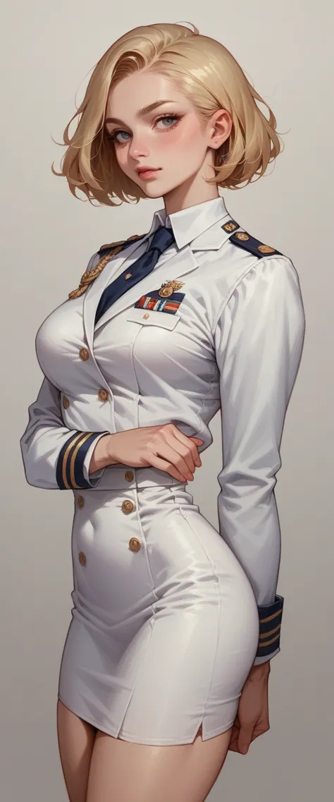 a sexy blonde girl with a voluptuous body wearing a new short naval dress uniform, it&#39;s too sexy and sensual, it has white l...