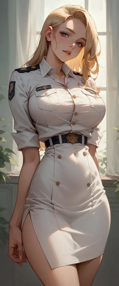 a sexy blonde girl with a voluptuous body wearing a new short naval dress uniform, it&#39;s too sexy and sensual, it has white l...