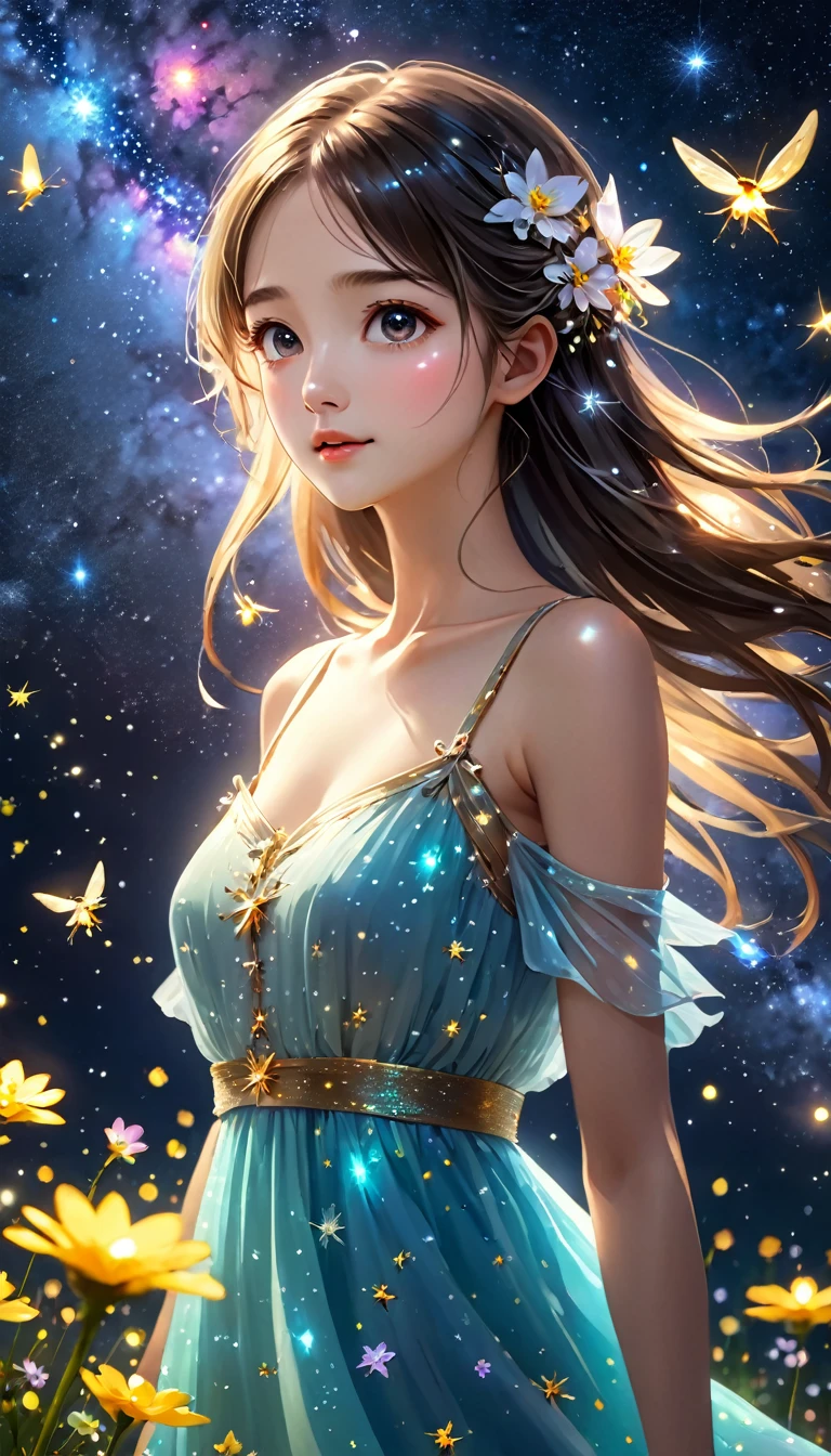 Highest quality, Great quality, 8k, Very detailed, 2.5D, delicate and dynamic, Fireflies flying around with small lights, night, Starry Sky, milky way, nebula, shooting star, Flowers, bird, Kind eyes,The expression of mercy, Delicate facial depiction,  Healthy body shape, Small breasts,  Colorful long dress, Absurd,