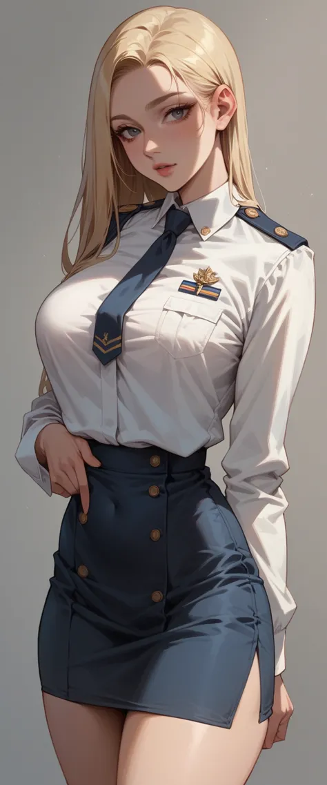 a sexy blonde girl with a voluptuous body wearing a new short naval dress uniform, it&#39;s too sexy and sensual, it has white l...