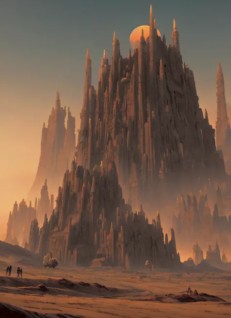 a sci-fi scene, draw of a place, giant temple inspired in india, surounded by dunes in a desert at sunset, post-apocalyptic vibe...