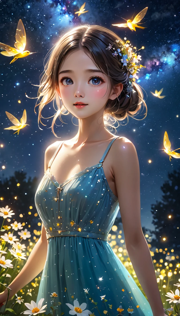 Highest quality, Great quality, 8k, Very detailed, 2.5D, delicate and dynamic, Fireflies flying around with small lights, night, Starry Sky, milky way, nebula, shooting star, Flowers, bird, Kind eyes,The expression of mercy, Delicate facial depiction,  Healthy body shape, Small breasts,  Colorful long dress, Absurd,