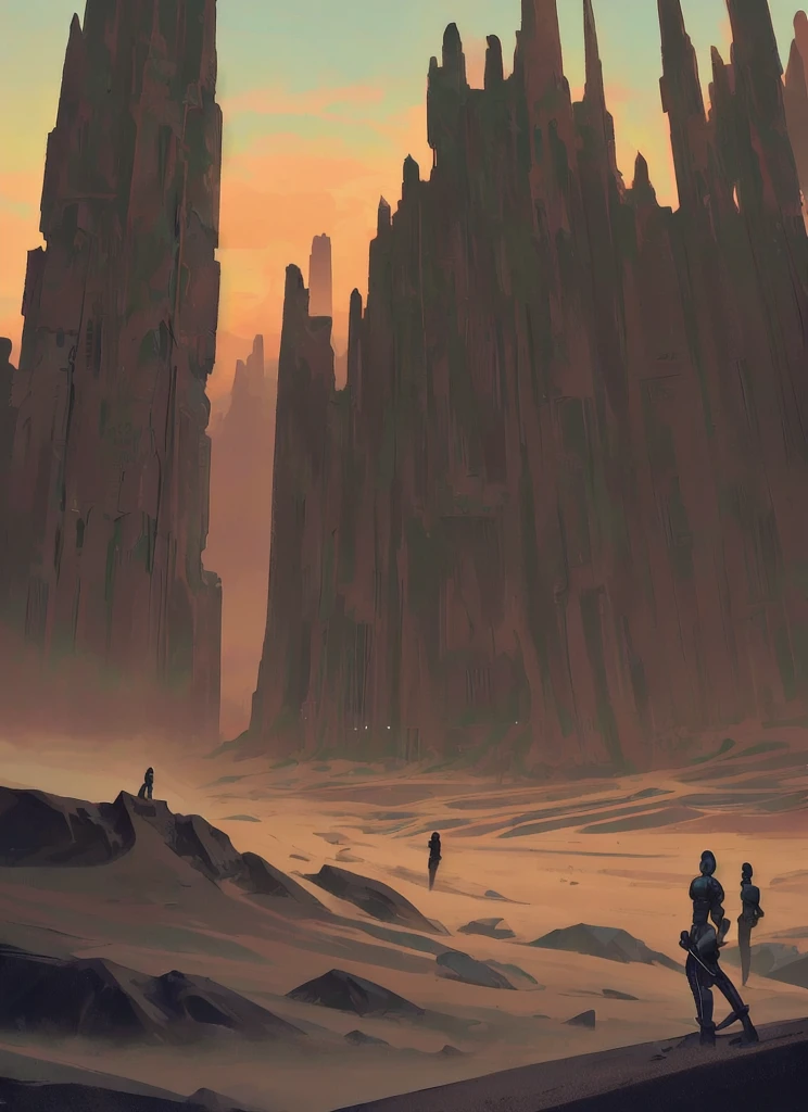 a sci-fi scene, draw of a place, giant temple inspired in india, surounded by dunes in a desert at sunset, post-apocalyptic vibes, futuristic glow, cyberpunk style