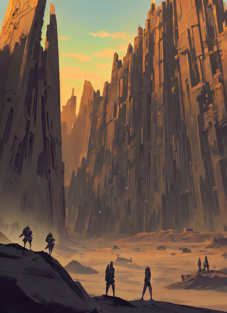 a sci-fi scene, draw of a place, temple ruins, inspired in india, surounded by dunes in a desert at sunset, post-apocalyptic vibes, futuristic glow, cyberpunk style, giant glowing crystals