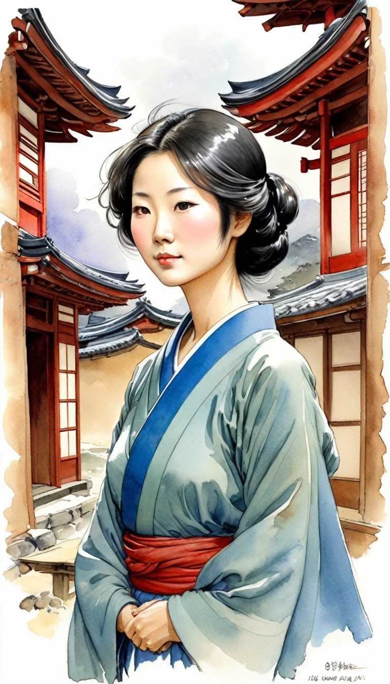 watercolor sketch of a Japanese woman, illustration by Jean-Pierre Gibrat ,kodew