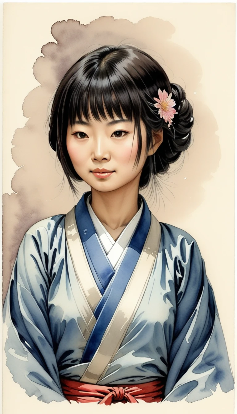 watercolor sketch of a Japanese woman, illustration by Jean-Pierre Gibrat ,kodew