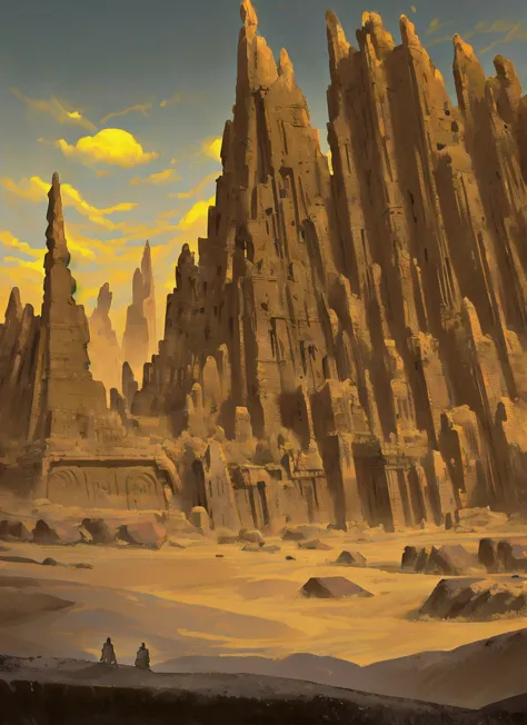 draw of a place, temple ruins, ancient ruins, inspired in india, surounded by dunes in a desert at night, giant glowing crystals