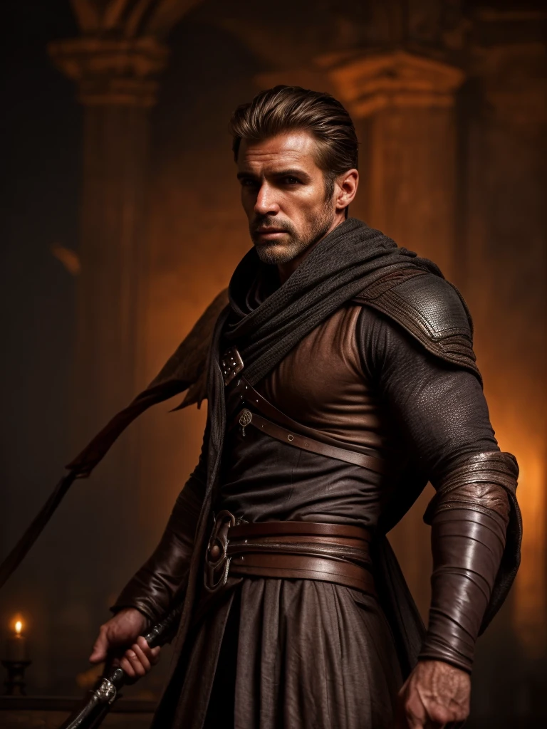 hair, portrait of a ruggedly handsome assassin, muscular, half body, masculine, mature, Retrato de un joven, Muscular very handsome and attractive assassin men, A 40 years old male, Retrato de un joven, real, ( Man in the real ), beautiful detailed eyes, beautiful, extremely detailed eyes and face, assassin outfit, assassin gear, assassin pose, assassin action, night and moody atmosphere, dramatic lighting, cinematic, fantasy, highly detailed, intricate, digital art, concept art, hyper realistic, 8k, ultra-detailed, masterpiece, photorealistic, professional, dramatic colors, chiaroscuro lighting