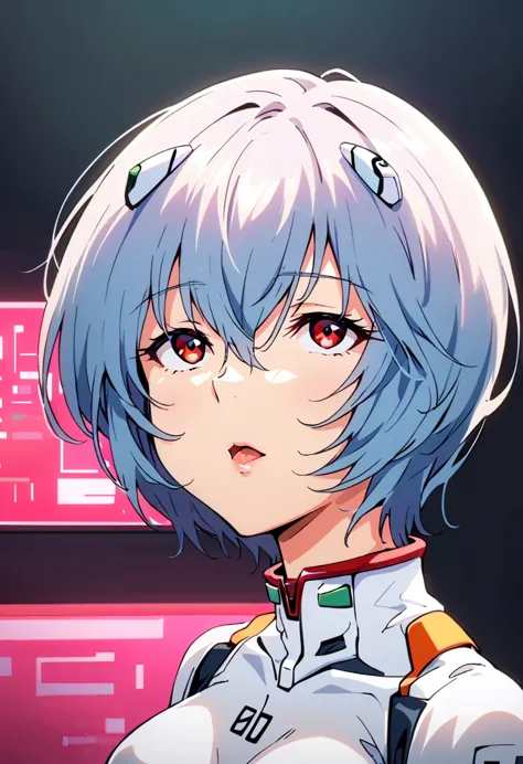 (highest quality:1.2),one girl,alone,ayanami rei,white bodysuit,red eyes,pilot suit,short hair,blue hair,bangs,interface headset...