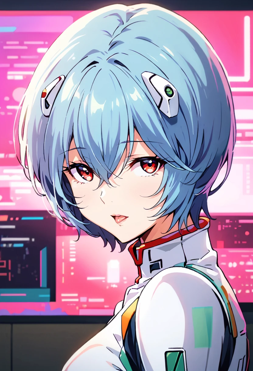 (Highest quality:1.2),One girl,alone,Ayanami Rei,White bodysuit,Red eyes,Pilot Suit,short hair,Blue Hair,bangs,Interface Headset,turtleneck,Hair between the eyes,Pixelated Background,Neon Light,Sci-Fi Color Scheme,Vibrant colors,Metallic texture,Detailed shading,Holographic interface,Dark atmosphere,High Contrast,Sharp focus,Twigs of hair,Reflective surface,Exquisite detail,High resolution,Studio Lighting,Red accents,Illuminated surroundings,Artificial Intelligence Assistant、Ahegao
