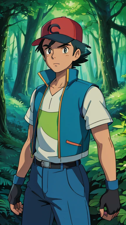 (1boy, pokemonketchum), (extremely detailed CG unit 8k wallpaper),(master part), (best quality), (ultra detail), (best illustration),(ghibli style), cowboy shot, (Sharp eyeliner, ombre, detailed eyes:1), forest, digital art, break , upper body, baseball cap, blue jacket, sleeveless jacket, shirt, short sleeves, pants, fingerless gloves