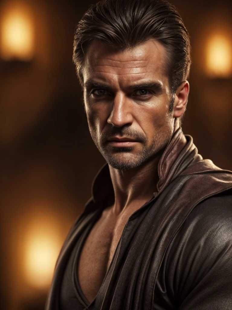 hair, portrait of a ruggedly handsome assassin, muscular, half body, masculine, mature, Retrato de un joven, Muscular very handsome and attractive assassin men, A 40 years old male, Retrato de un joven, real, ( Man in the real ), shirt, a male assassin, beautiful detailed eyes, beautiful detailed lips, extremely detailed eyes and face, assassin outfit, assassin gear, assassin pose, assassin action, dark and moody atmosphere, dramatic lighting, cinematic, dark fantasy, highly detailed, intricate, digital art, concept art, hyper realistic, 8k, ultra-detailed, masterpiece, photorealistic, professional, dramatic colors, chiaroscuro lighting